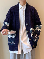 Men’s Button-Down Cardigan with Mixed Patterns