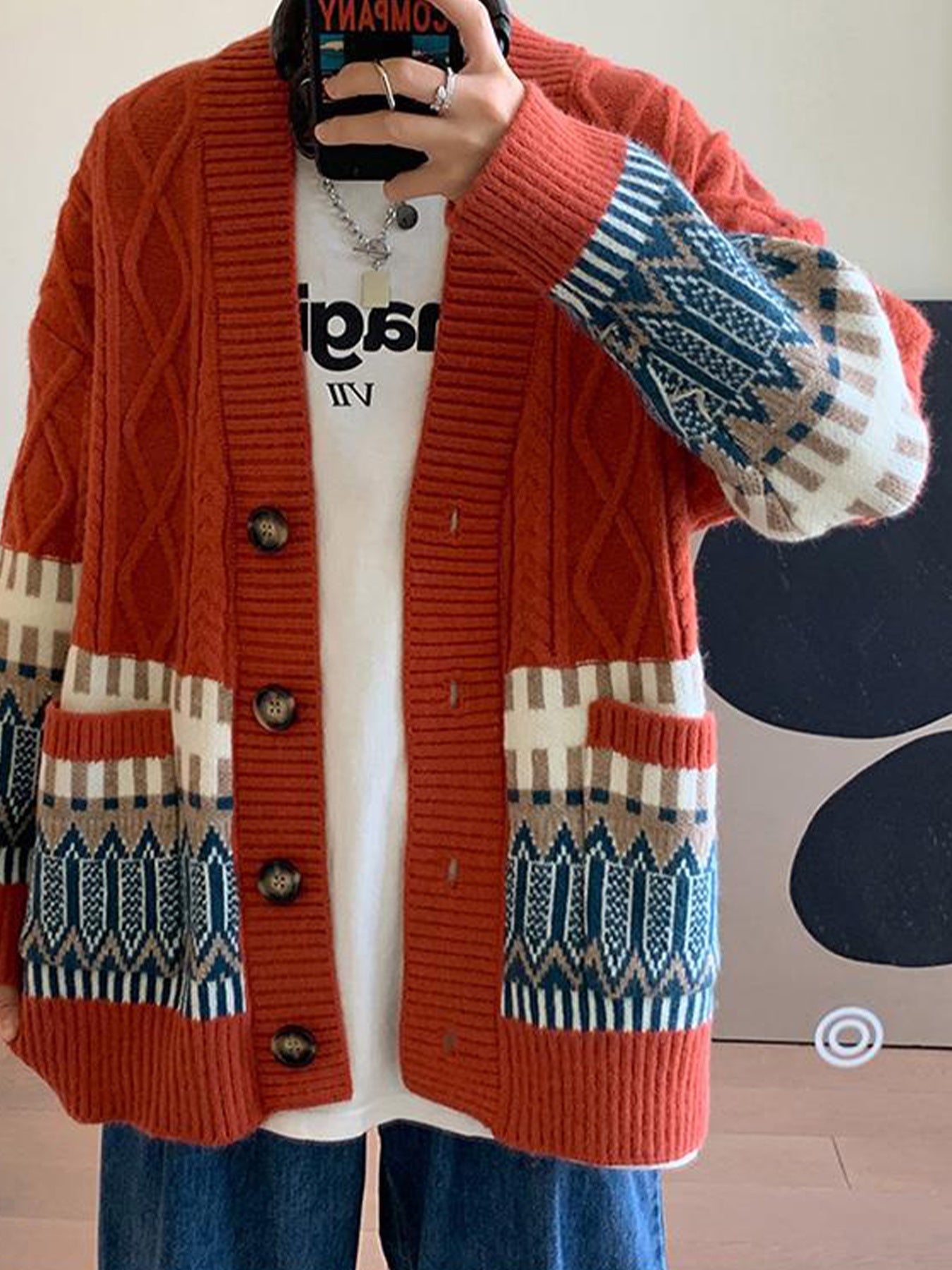 Men’s Button-Down Cardigan with Mixed Patterns