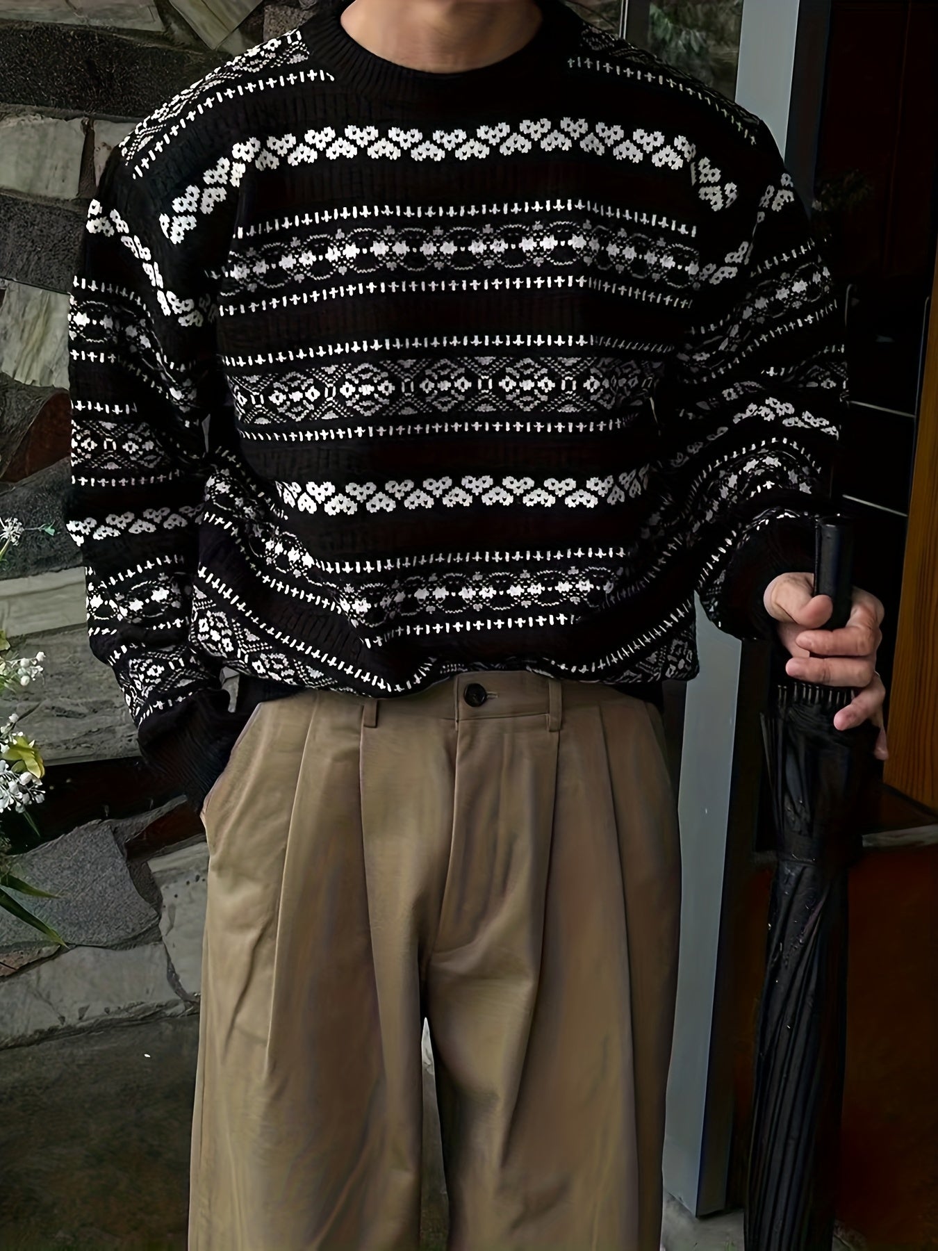 Men’s Crewneck Sweater with Patterned Knit