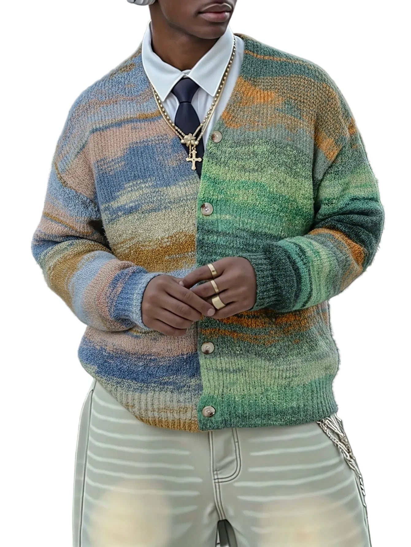 Men’s V-Neck Cardigan with Stripe Pattern