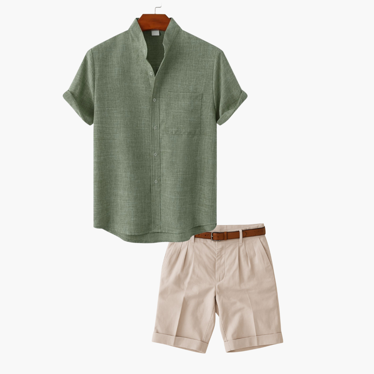 Men's Mandarin Collar Shirt and Shorts Set